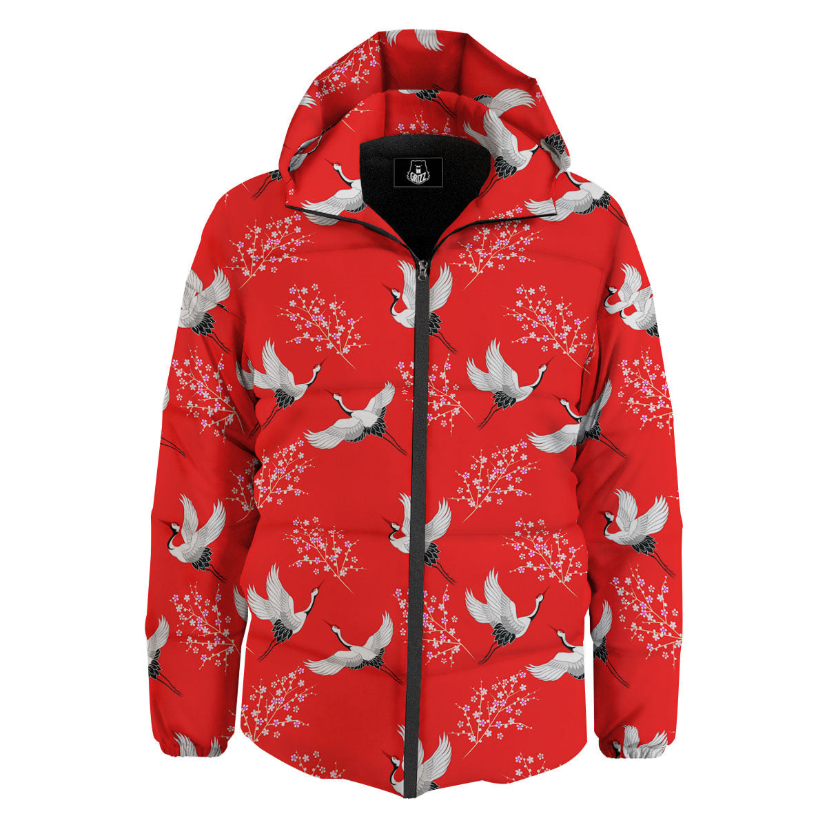 Crane Bird Japanese Print Pattern Down Jacket-grizzshop