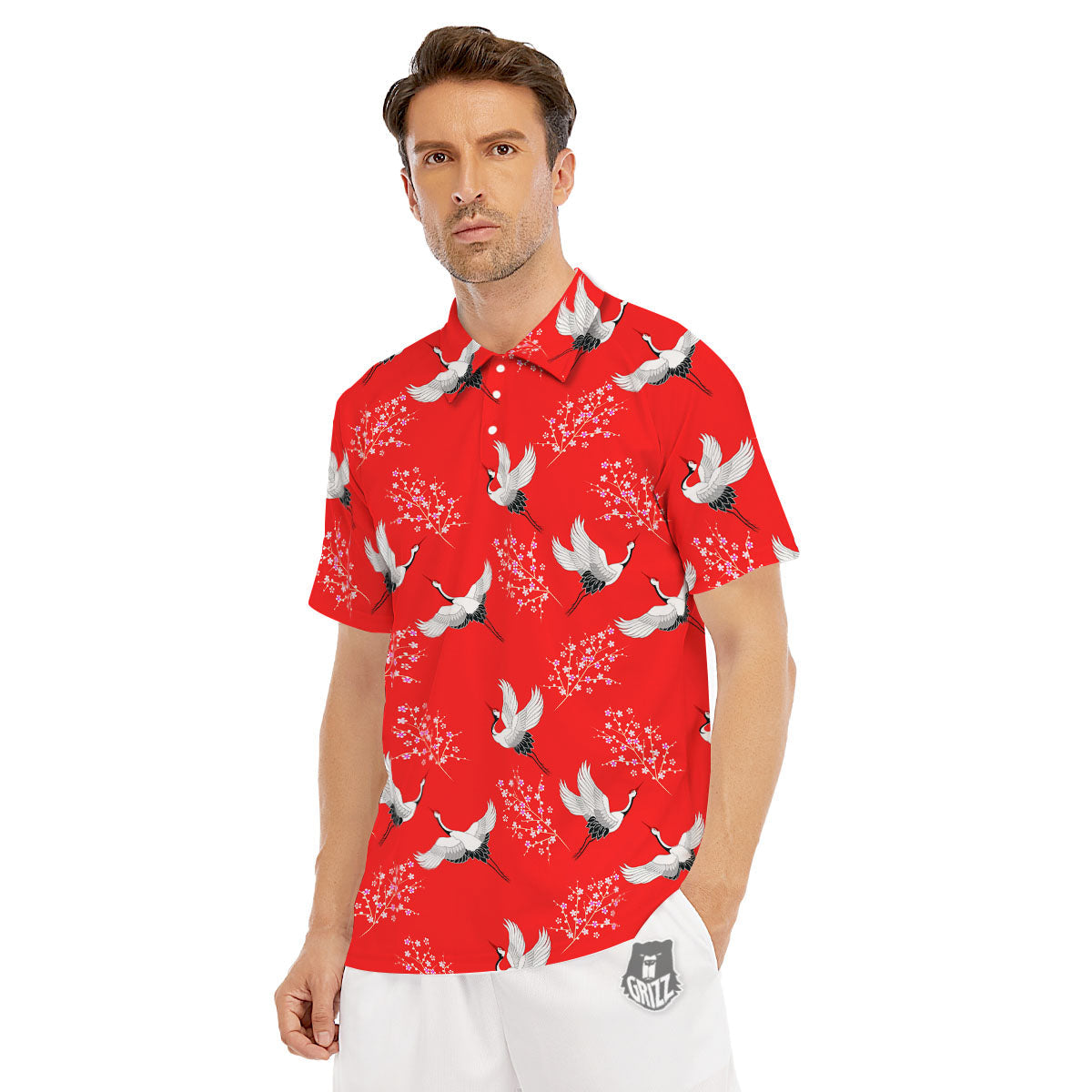 Crane Bird Japanese Print Pattern Men's Golf Shirts-grizzshop