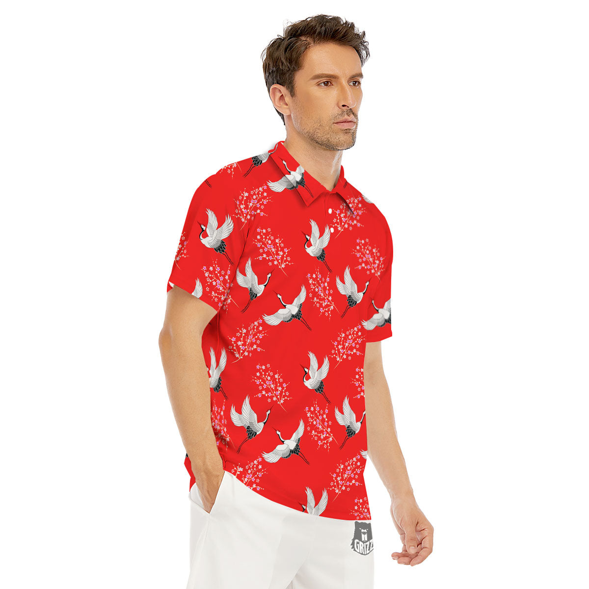 Crane Bird Japanese Print Pattern Men's Golf Shirts-grizzshop