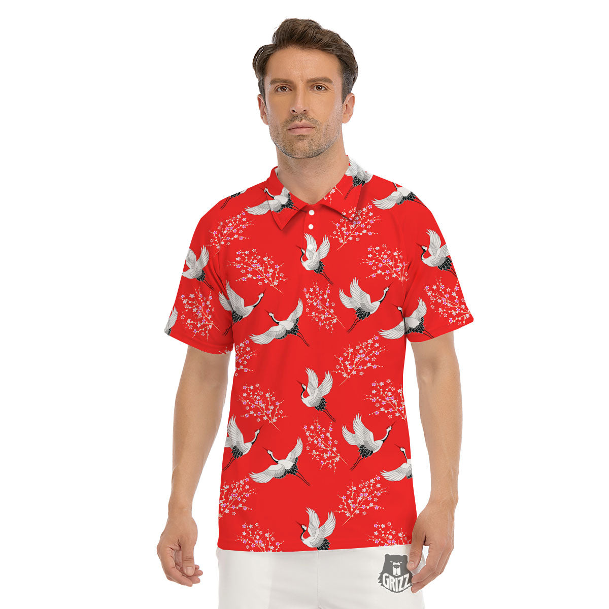 Crane Bird Japanese Print Pattern Men's Golf Shirts-grizzshop
