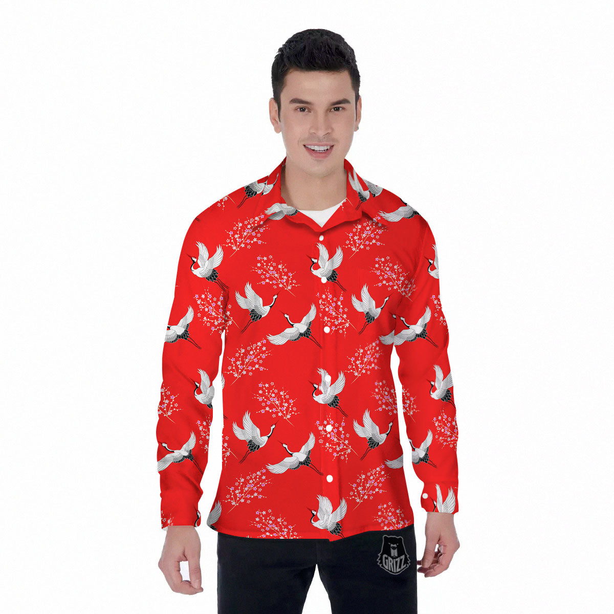 Crane Bird Japanese Print Pattern Men's Long Sleeve Shirts-grizzshop
