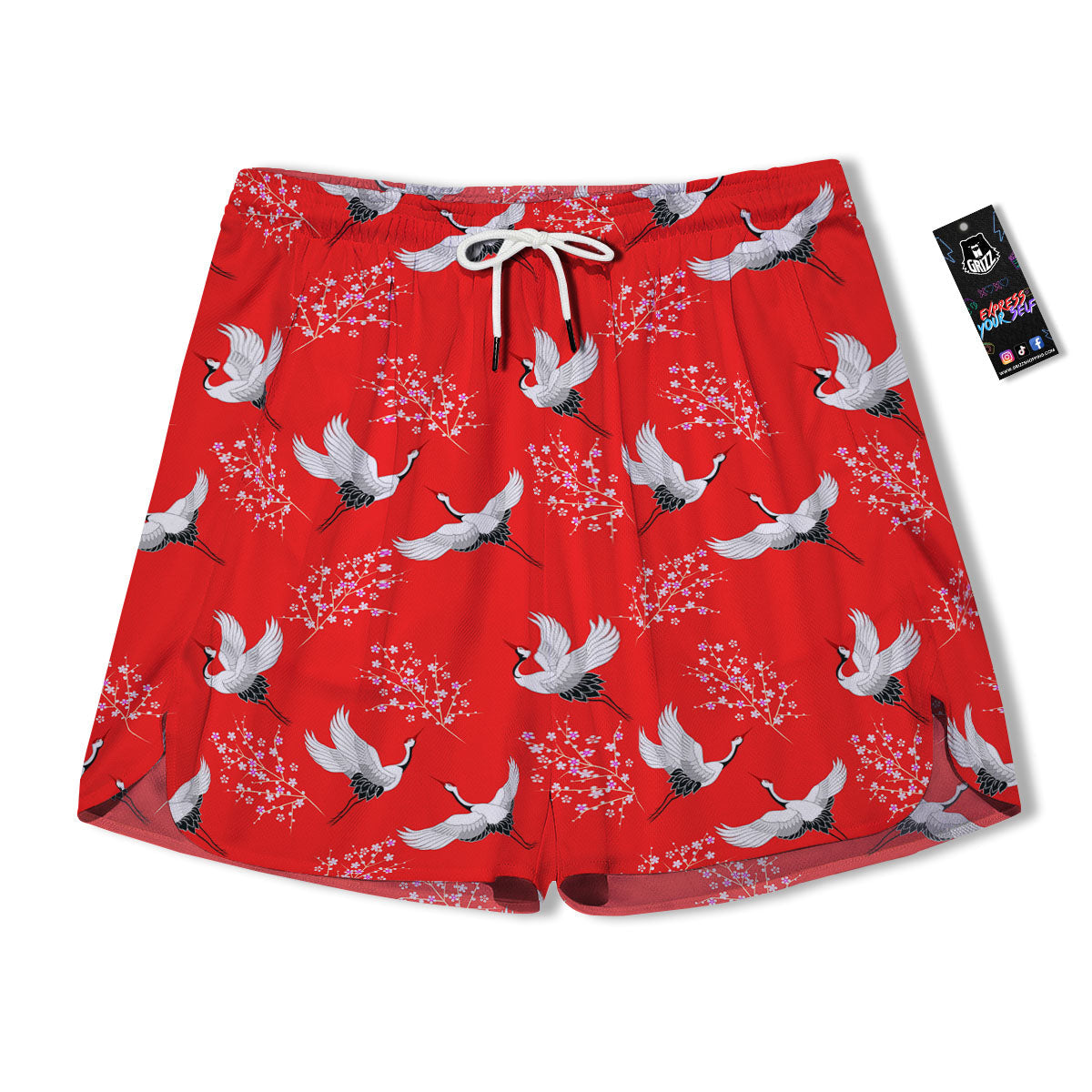 Crane Bird Japanese Print Pattern Men's Running Shorts-grizzshop