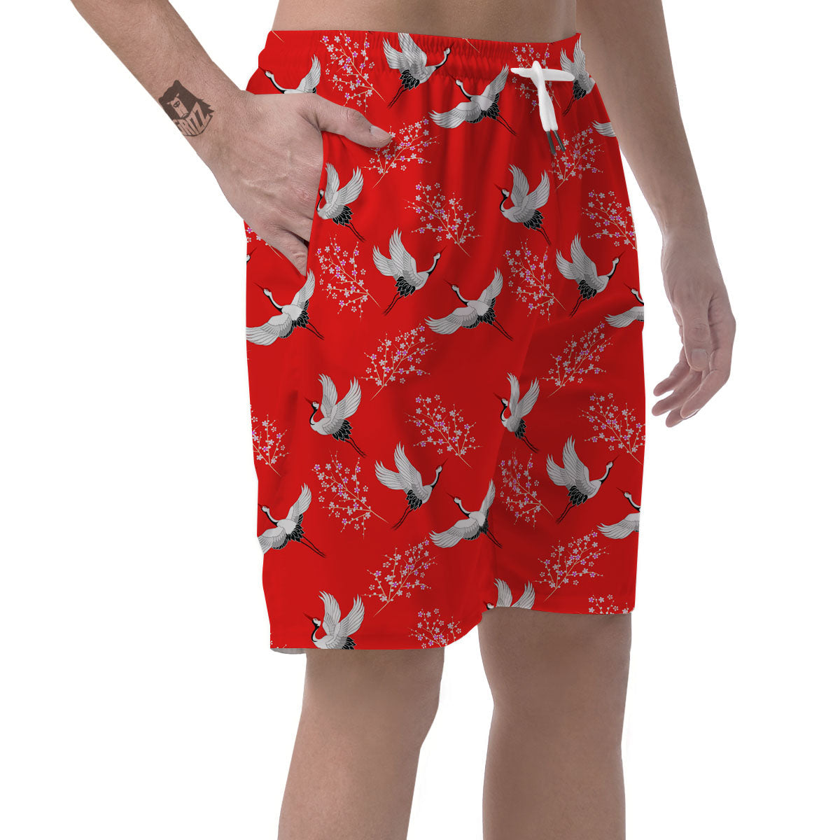 Crane Bird Japanese Print Pattern Men's Shorts-grizzshop