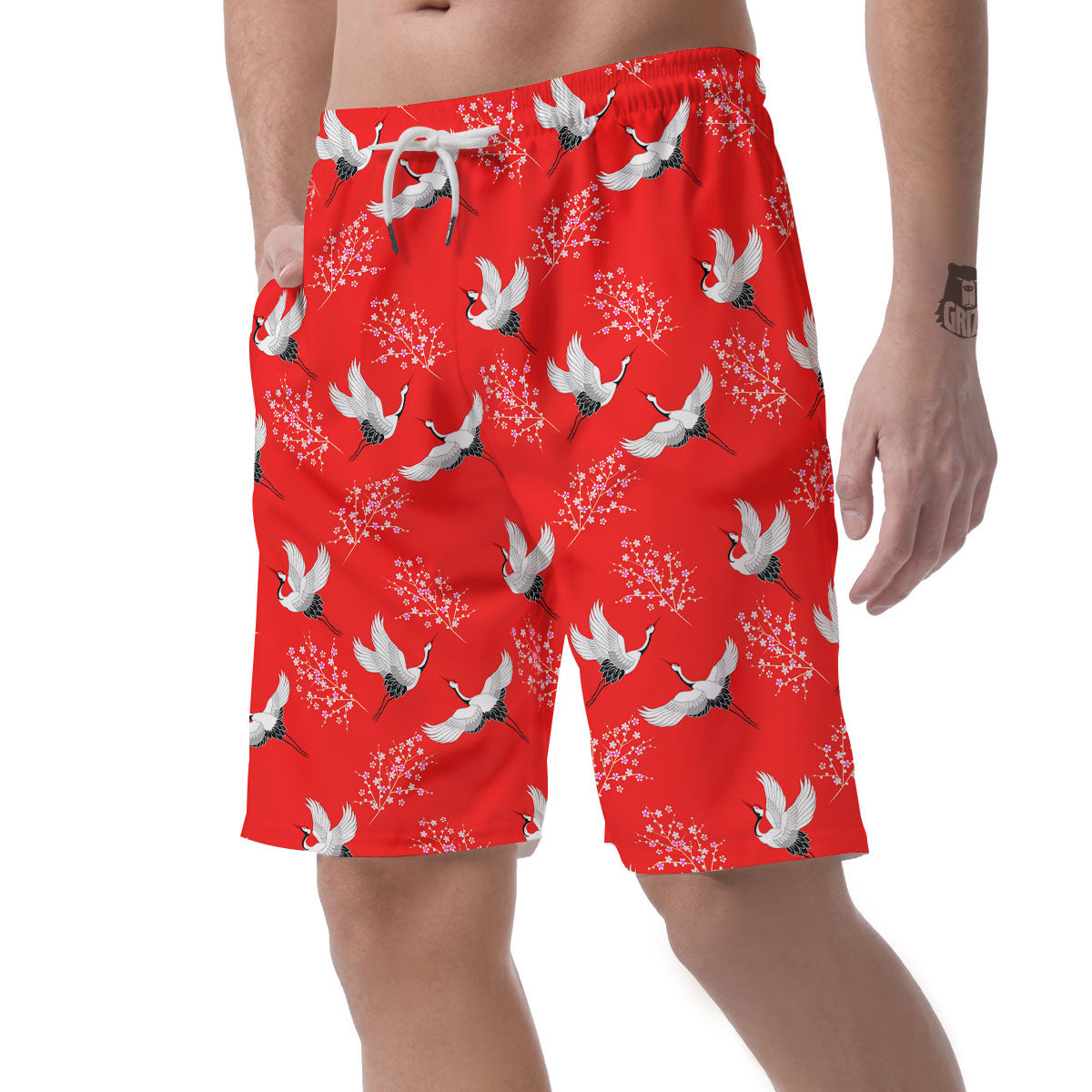 Crane Bird Japanese Print Pattern Men's Shorts-grizzshop