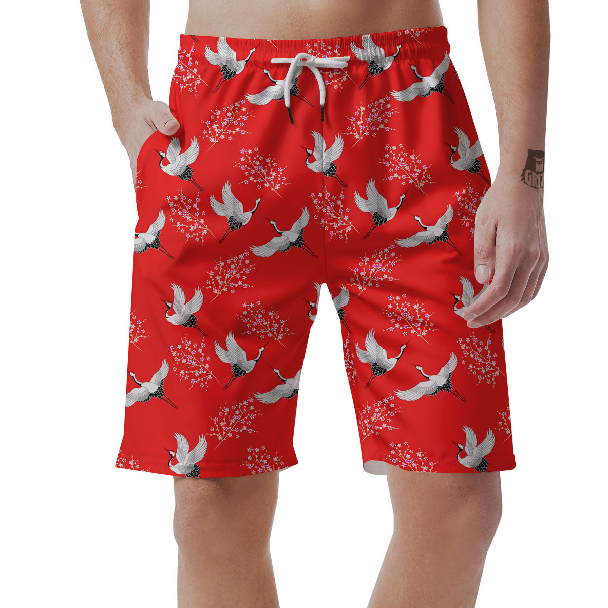 Crane Bird Japanese Print Pattern Men's Shorts-grizzshop