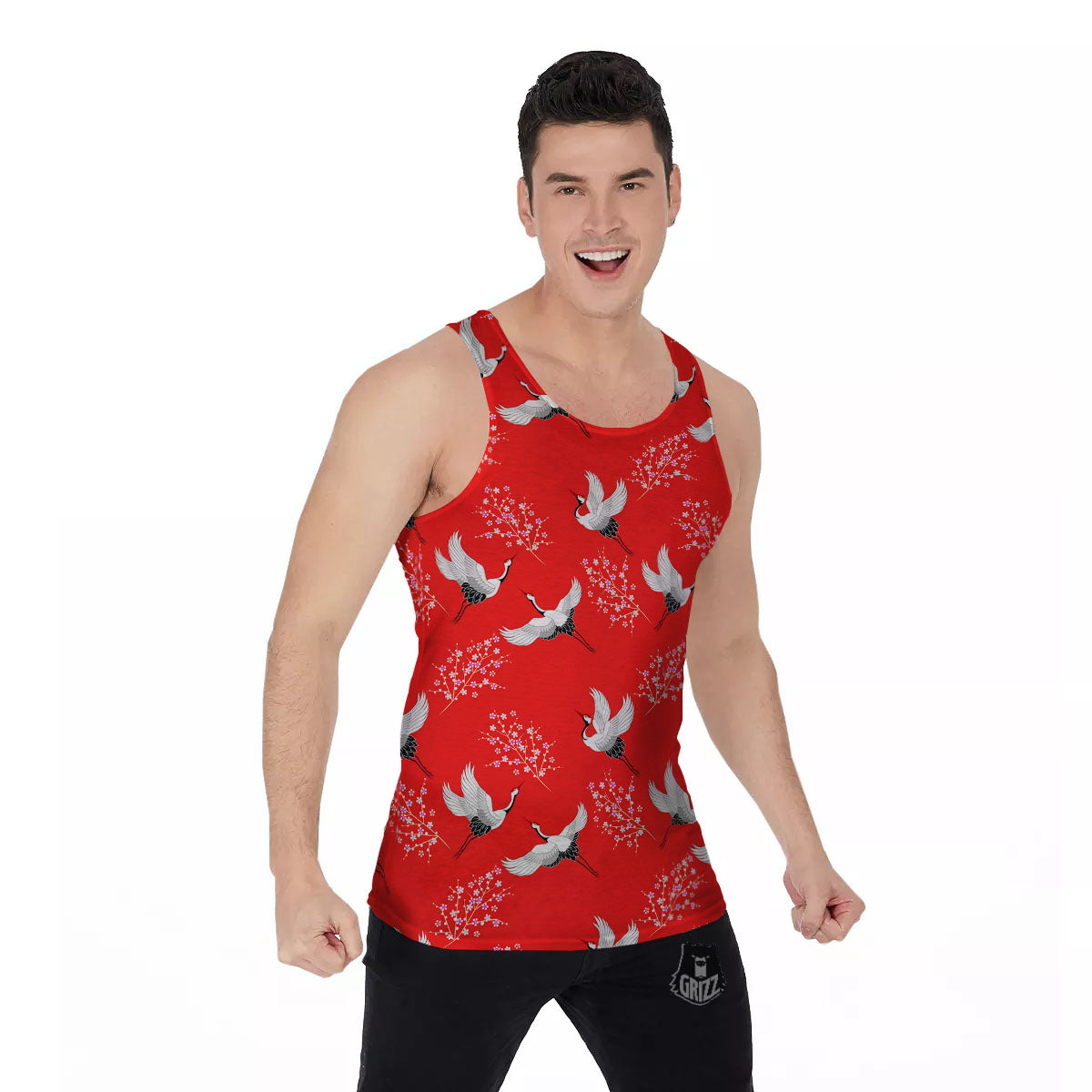 Crane Bird Japanese Print Pattern Men's Tank Top-grizzshop