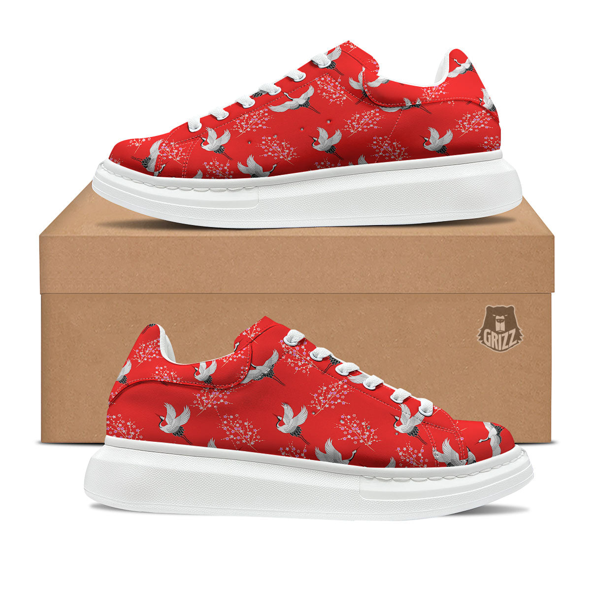 Crane Bird Japanese Print Pattern Platform Shoes-grizzshop