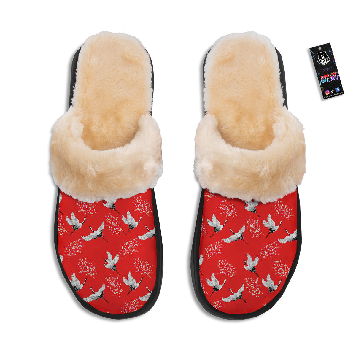 Crane Bird Japanese Print Pattern Slippers-grizzshop