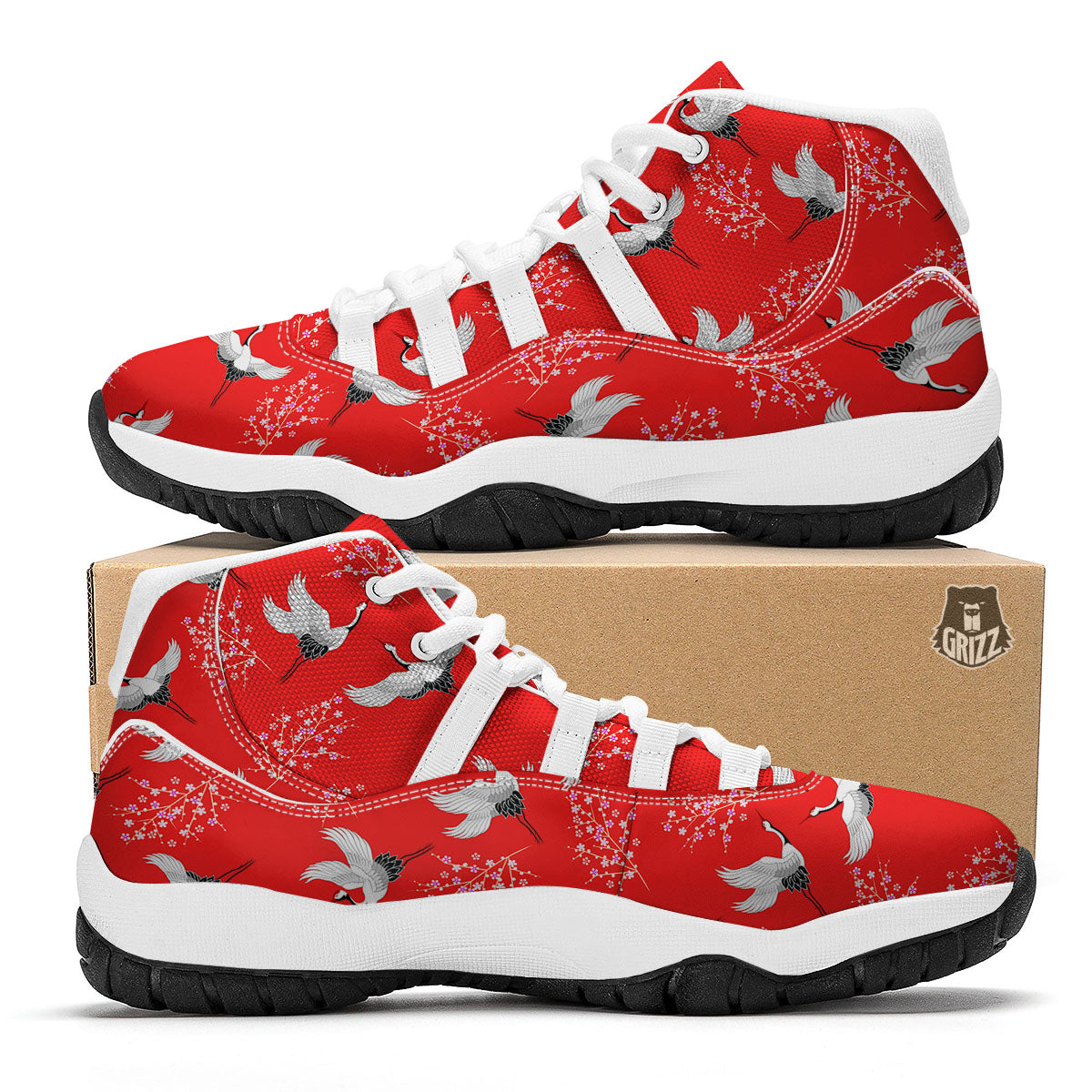 Crane Bird Japanese Print Pattern White Bball Shoes-grizzshop