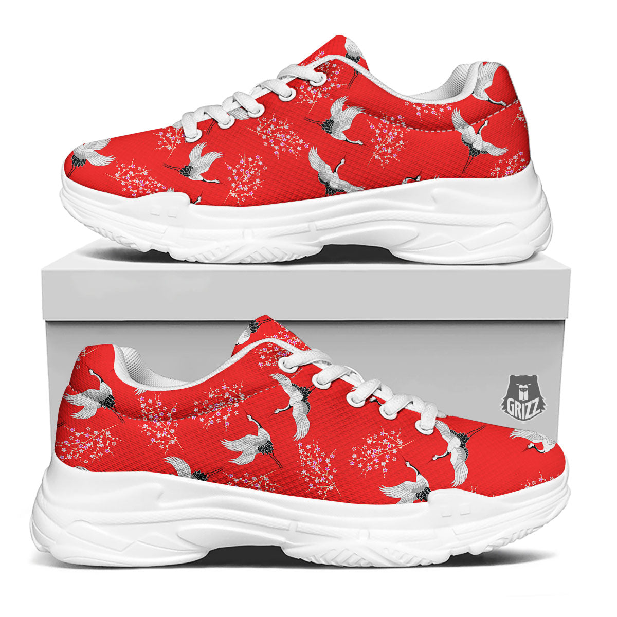 Crane Bird Japanese Print Pattern White Chunky Shoes-grizzshop