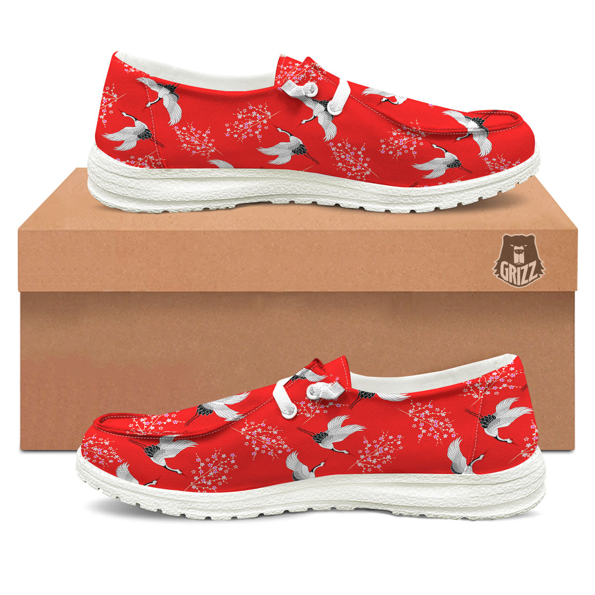 Crane Bird Japanese Print Pattern White Loafers-grizzshop