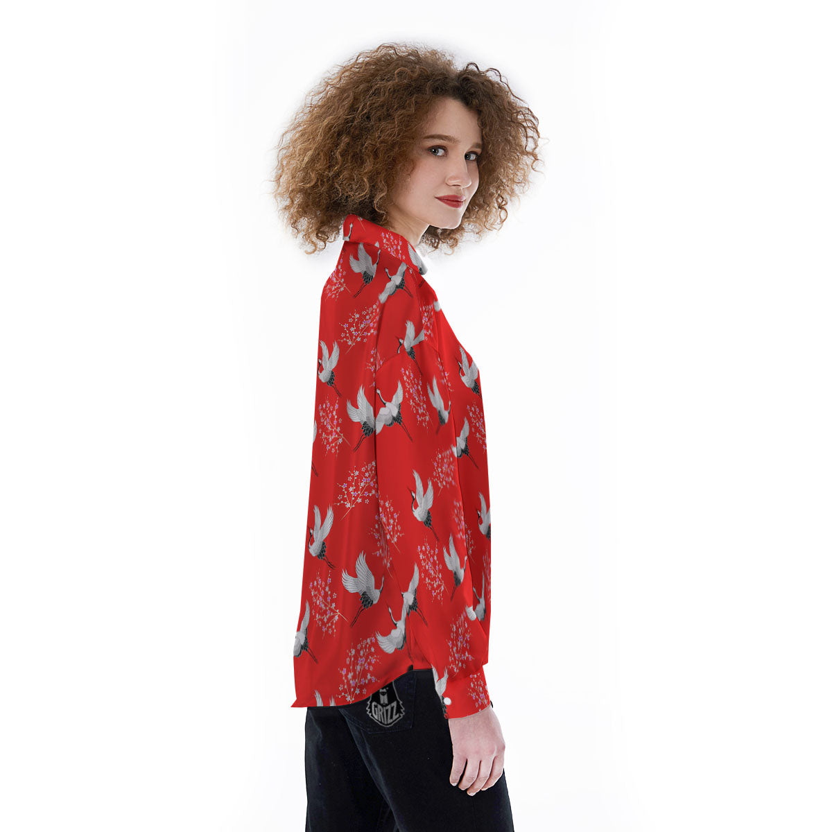 Crane Bird Japanese Print Pattern Women's Long Sleeve Shirts-grizzshop