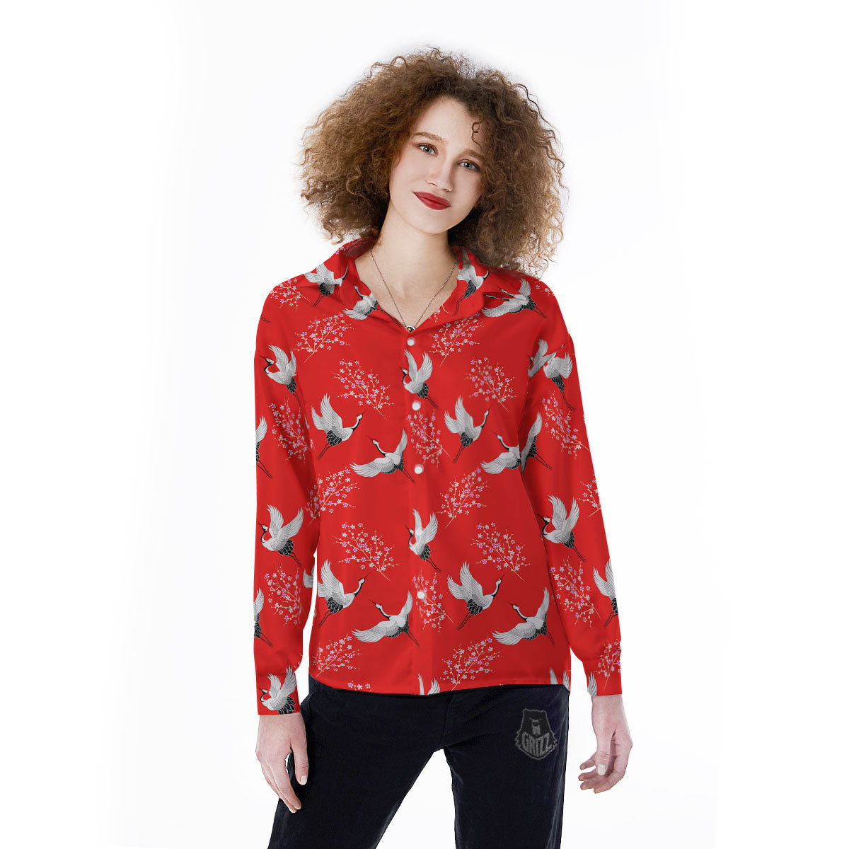 Crane Bird Japanese Print Pattern Women's Long Sleeve Shirts-grizzshop