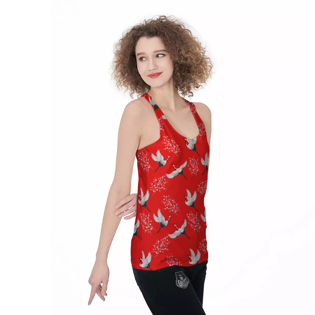 Crane Bird Japanese Print Pattern Women's Racerback Tank Top-grizzshop