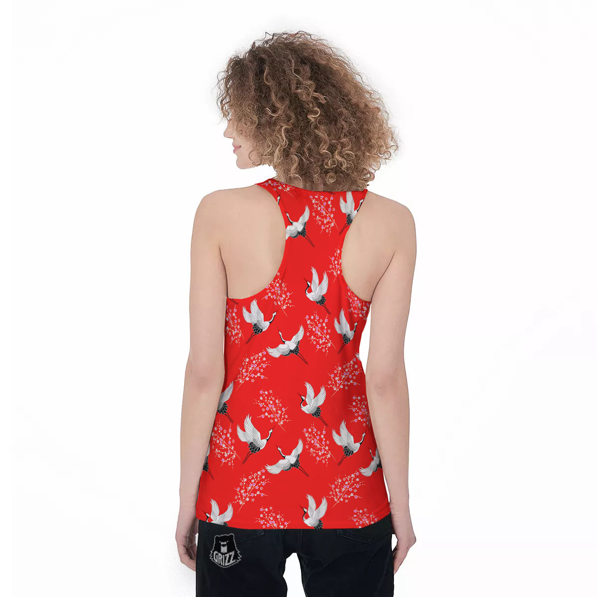 Crane Bird Japanese Print Pattern Women's Racerback Tank Top-grizzshop