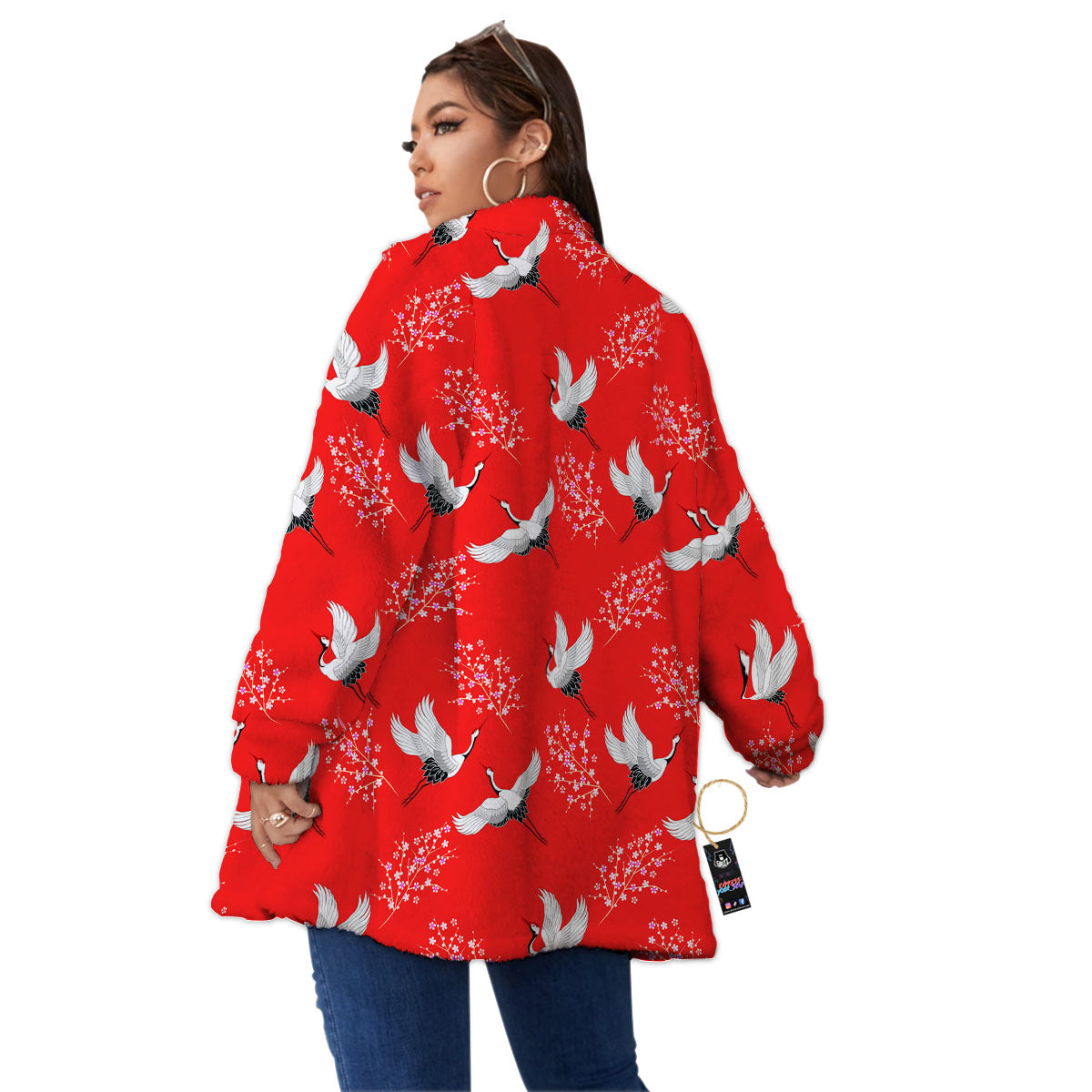Crane Bird Japanese Print Pattern Women's Sherpa Jacket-grizzshop