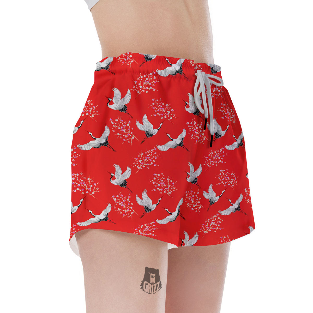 Crane Bird Japanese Print Pattern Women's Shorts-grizzshop