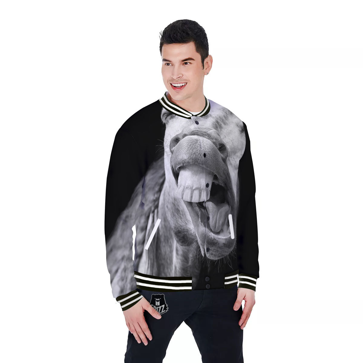 Crazy Donkey White And Black Print Baseball Jacket-grizzshop