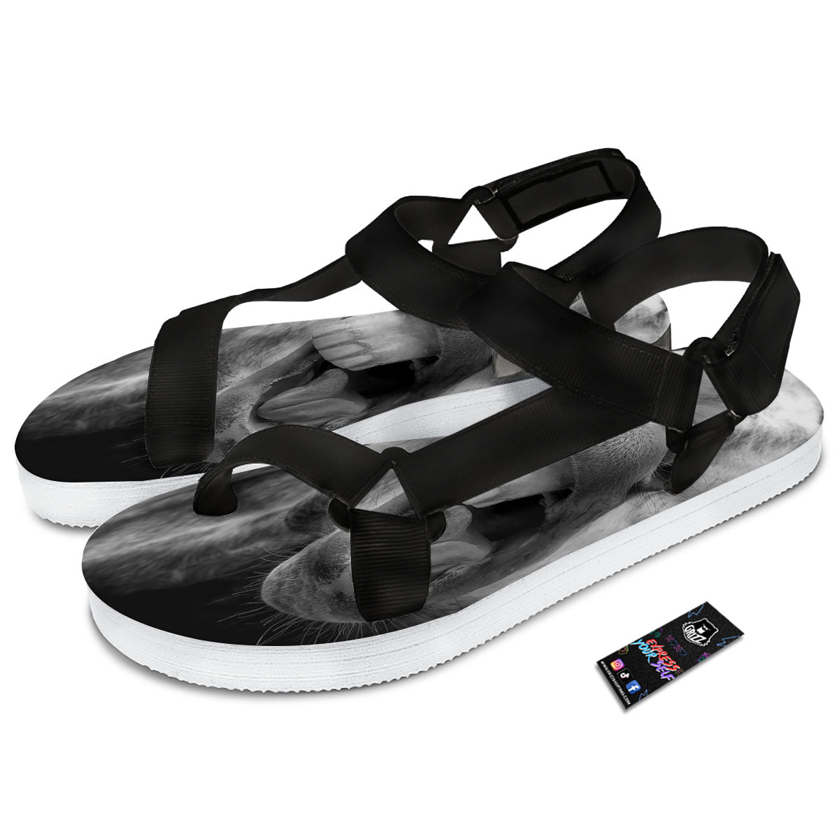 Crazy Donkey White And Black Print Black Open Toe Sandals-grizzshop