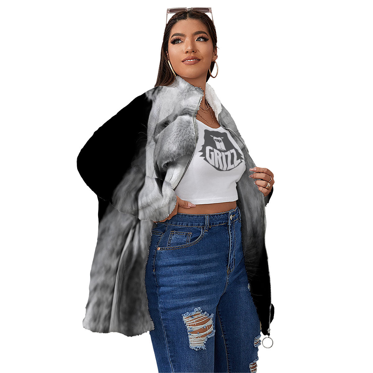 Crazy Donkey White And Black Print Women's Sherpa Jacket-grizzshop