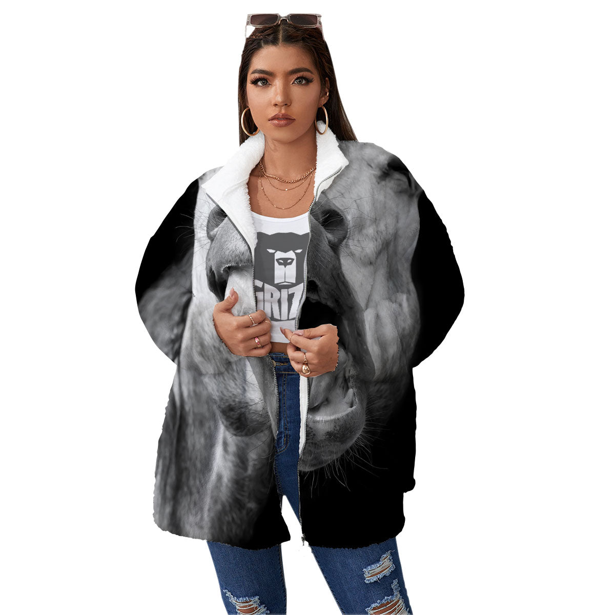 Crazy Donkey White And Black Print Women's Sherpa Jacket-grizzshop