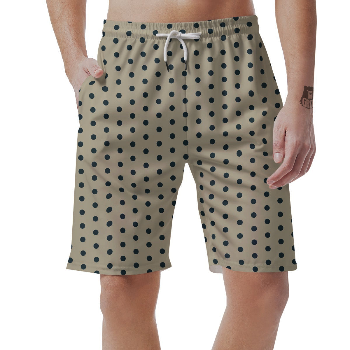 Cream And Black Polka Dot Print Men's Shorts-grizzshop