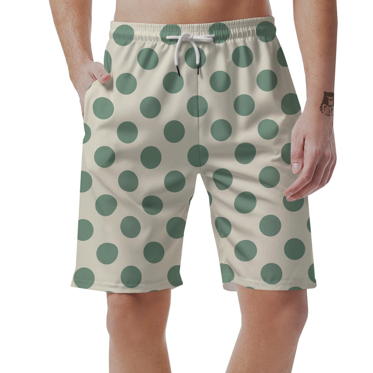 Cream And Emerald Polka Dot Men's Shorts-grizzshop