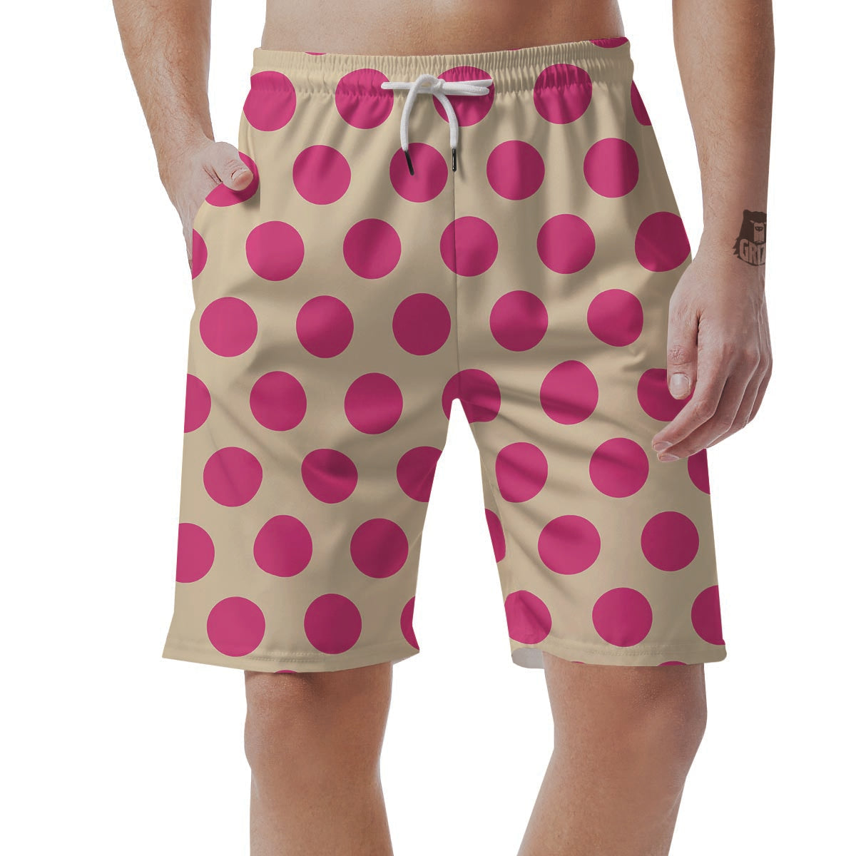 Cream And Pink Polka Dot Men's Shorts-grizzshop