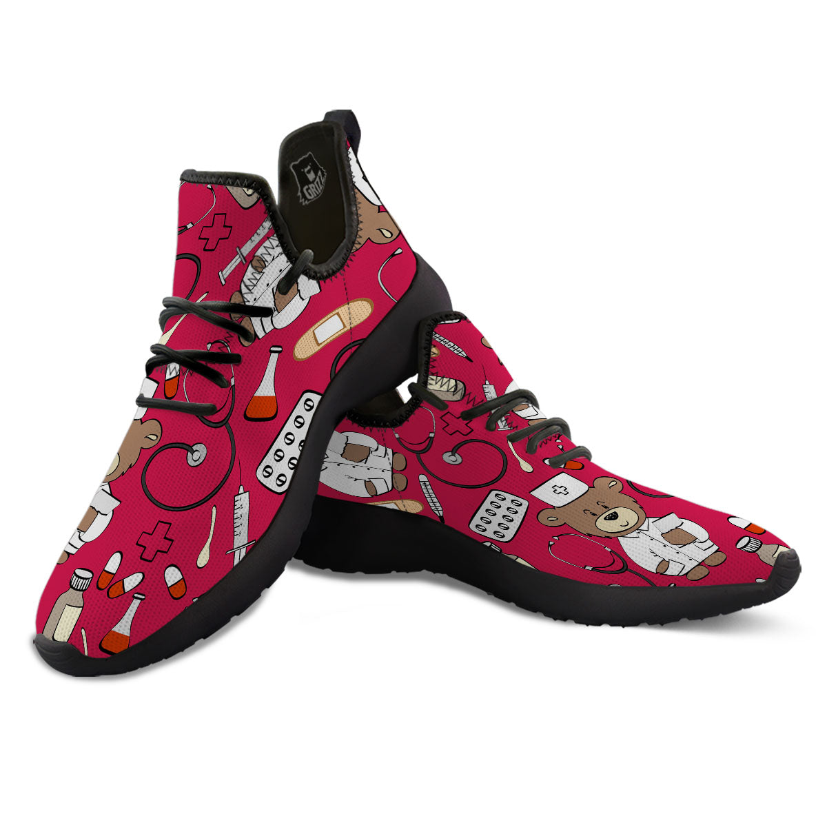 Crimson Teddy Bear Nurse Black Athletic Shoes-grizzshop