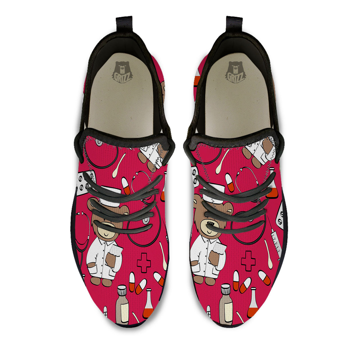 Crimson Teddy Bear Nurse Black Athletic Shoes-grizzshop