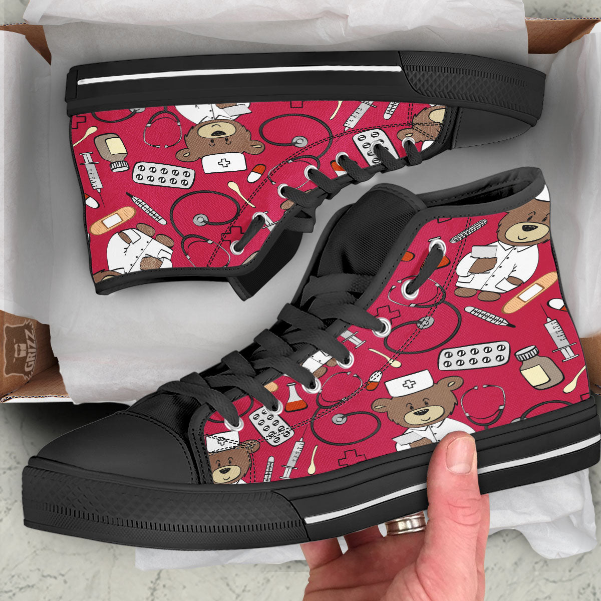 Crimson Teddy Bear Nurse Black High Top Shoes-grizzshop