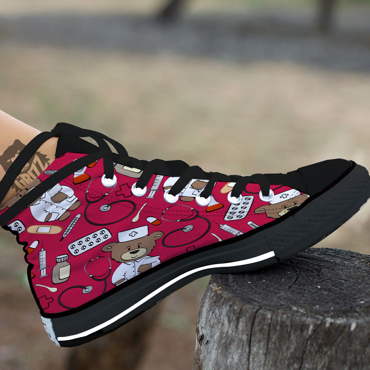 Crimson Teddy Bear Nurse Black High Top Shoes-grizzshop