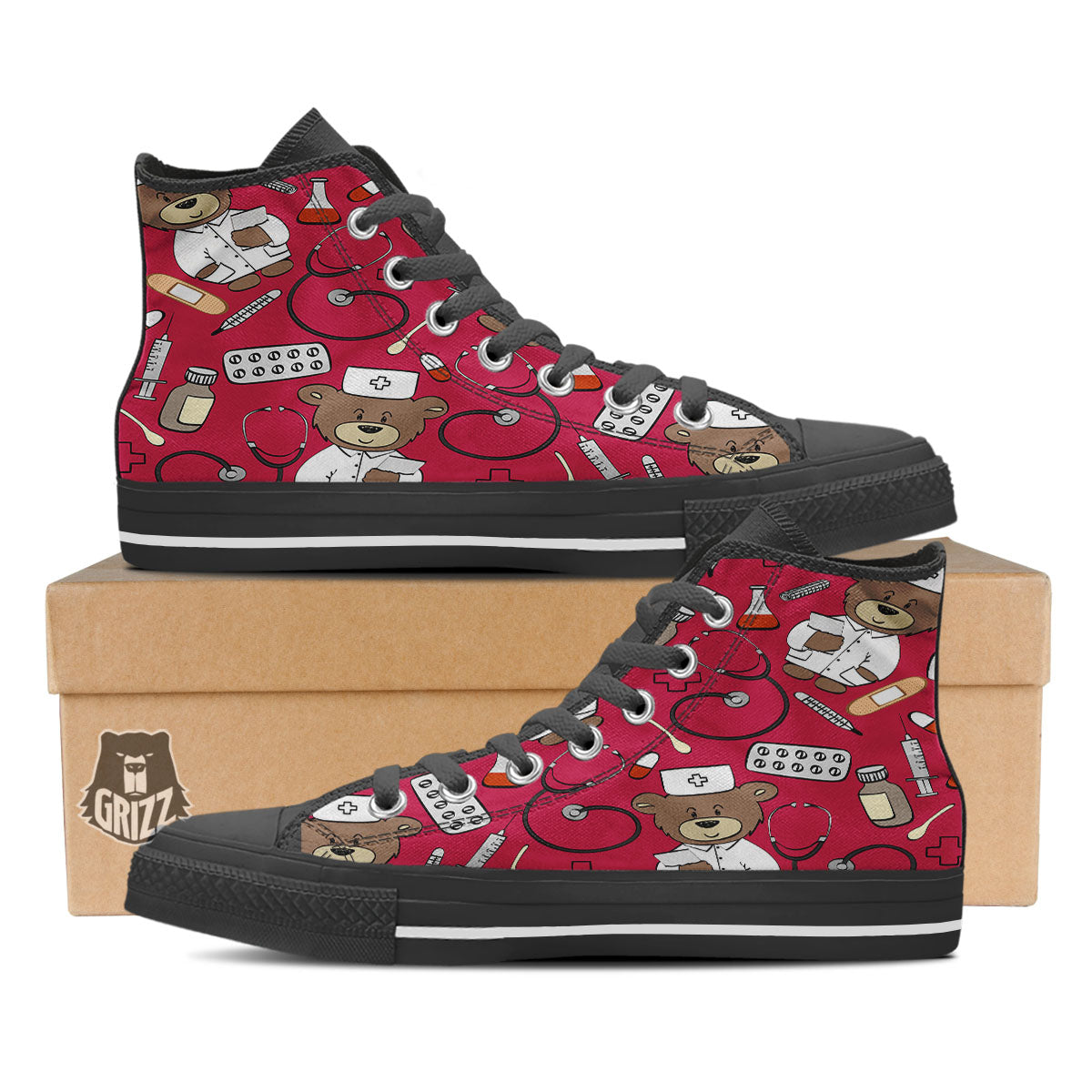 Crimson Teddy Bear Nurse Black High Top Shoes-grizzshop
