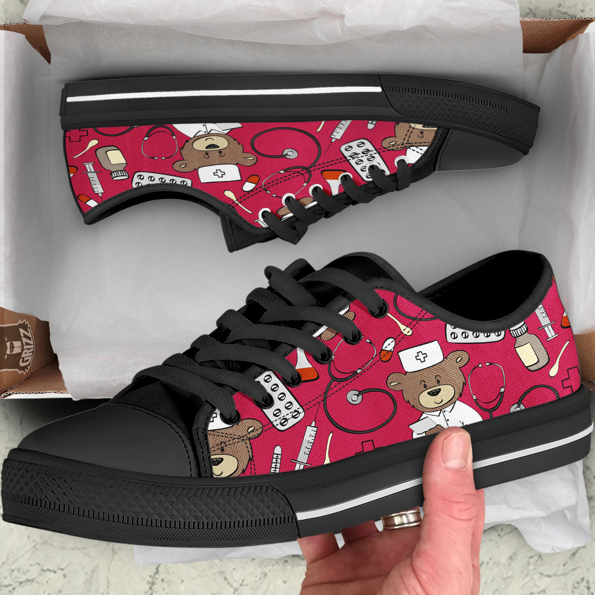 Crimson Teddy Bear Nurse Black Low Top Shoes-grizzshop