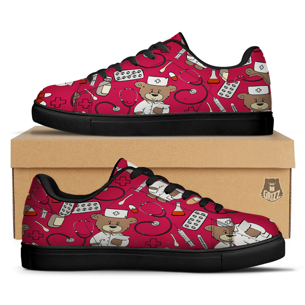 Crimson Teddy Bear Nurse Black Low Top Sneakers-grizzshop