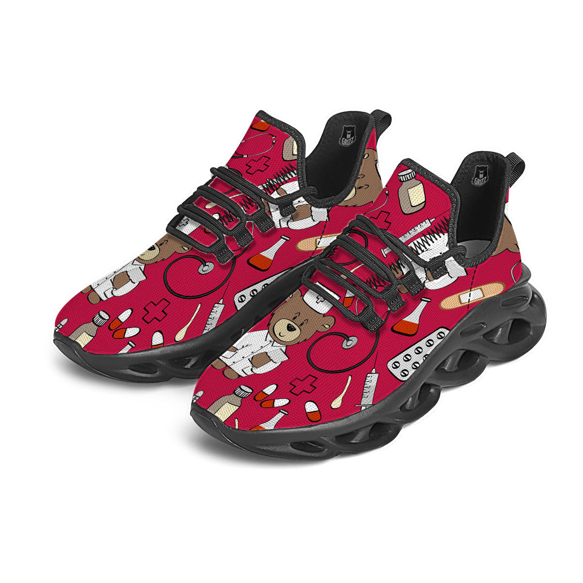 Crimson Teddy Bear Nurse Black Running Shoes-grizzshop