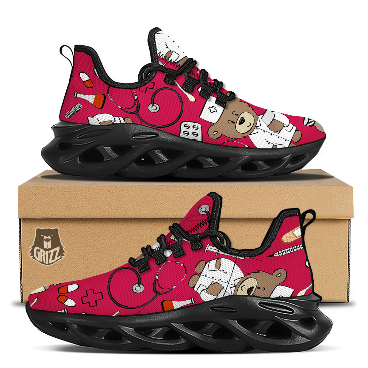 Crimson Teddy Bear Nurse Black Running Shoes-grizzshop