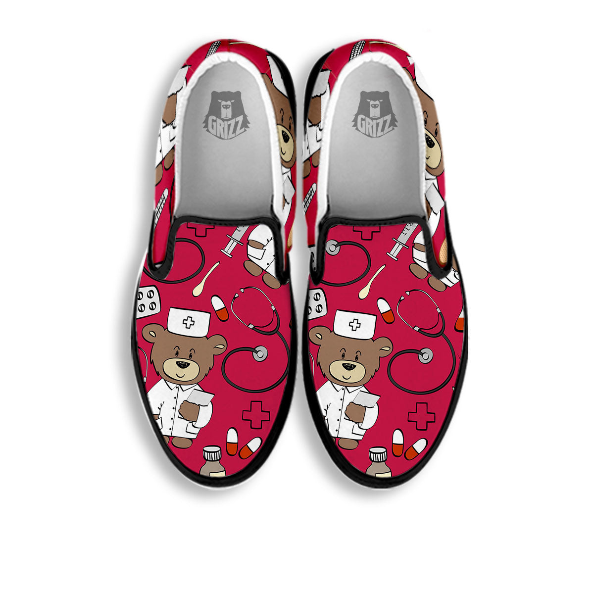 Crimson Teddy Bear Nurse Black Slip On Shoes-grizzshop
