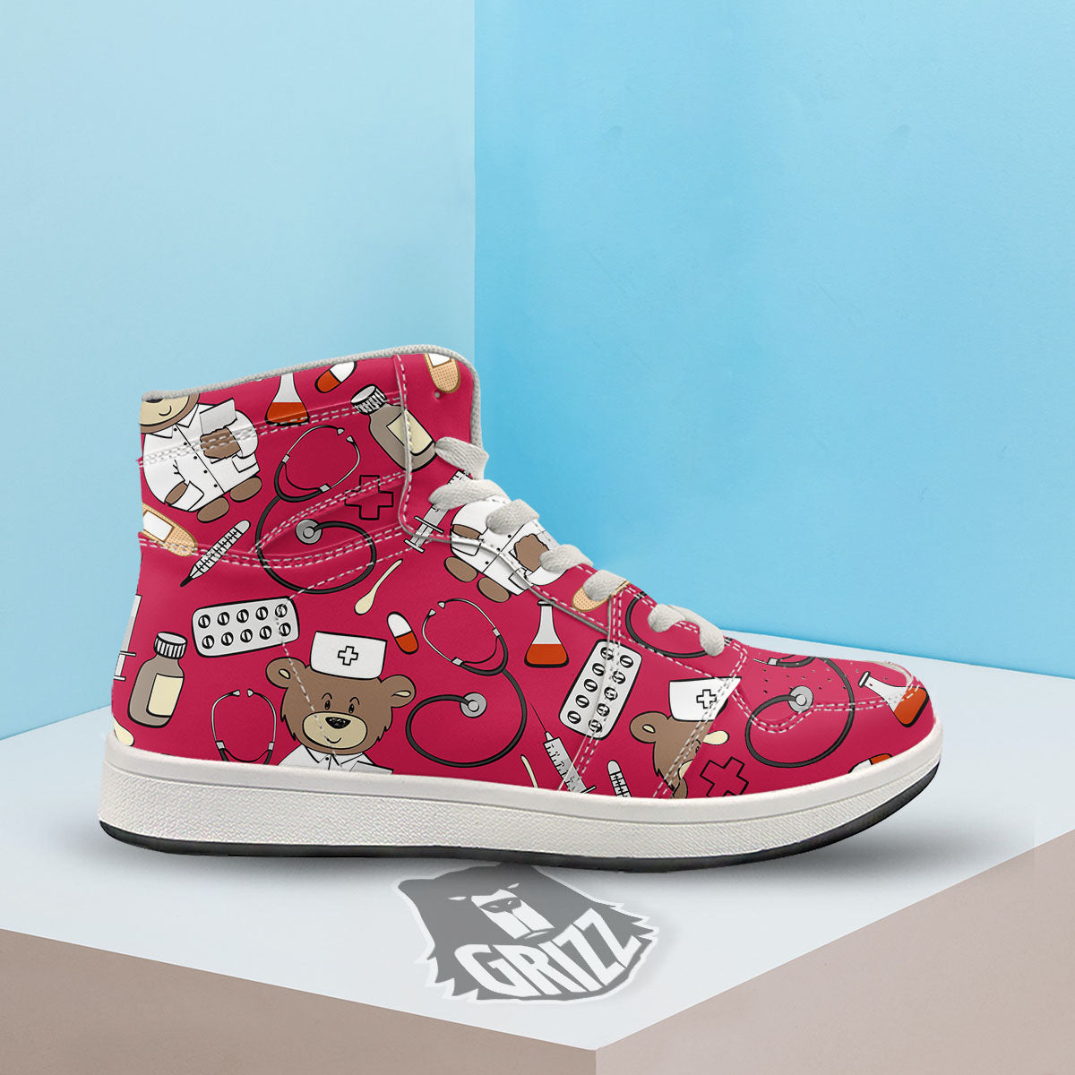 Crimson Teddy Bear Nurse High Top Sneakers-grizzshop
