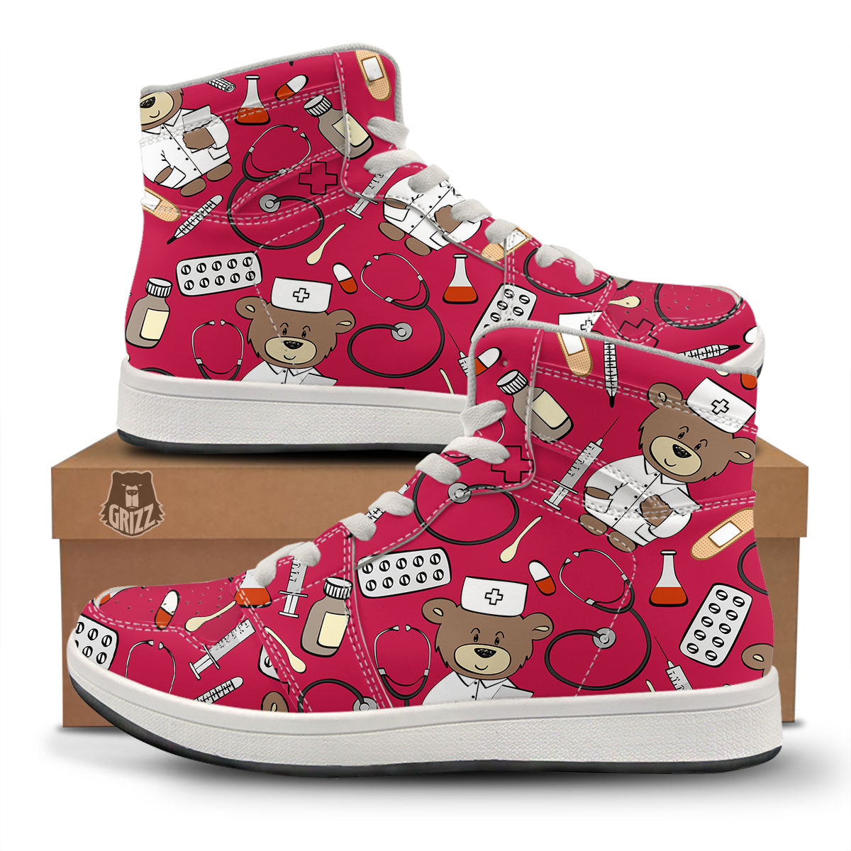 Crimson Teddy Bear Nurse High Top Sneakers-grizzshop