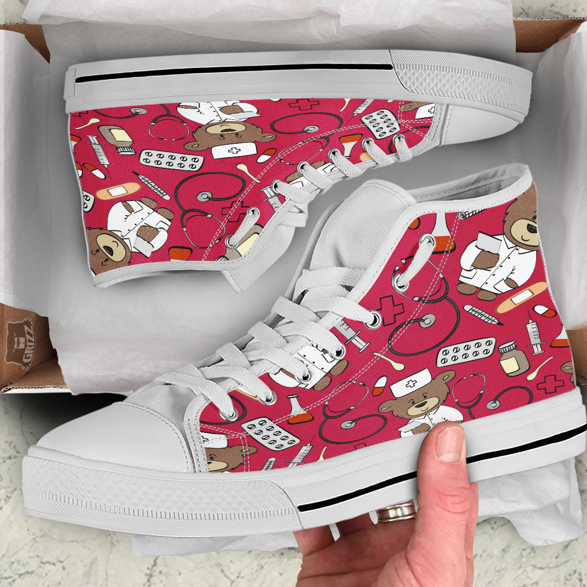 Crimson Teddy Bear Nurse White High Top Shoes-grizzshop