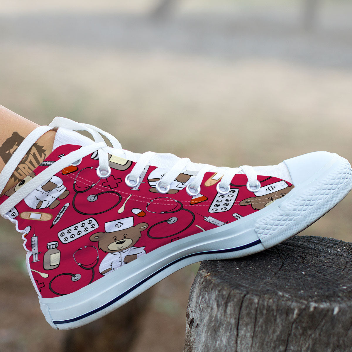 Crimson Teddy Bear Nurse White High Top Shoes-grizzshop