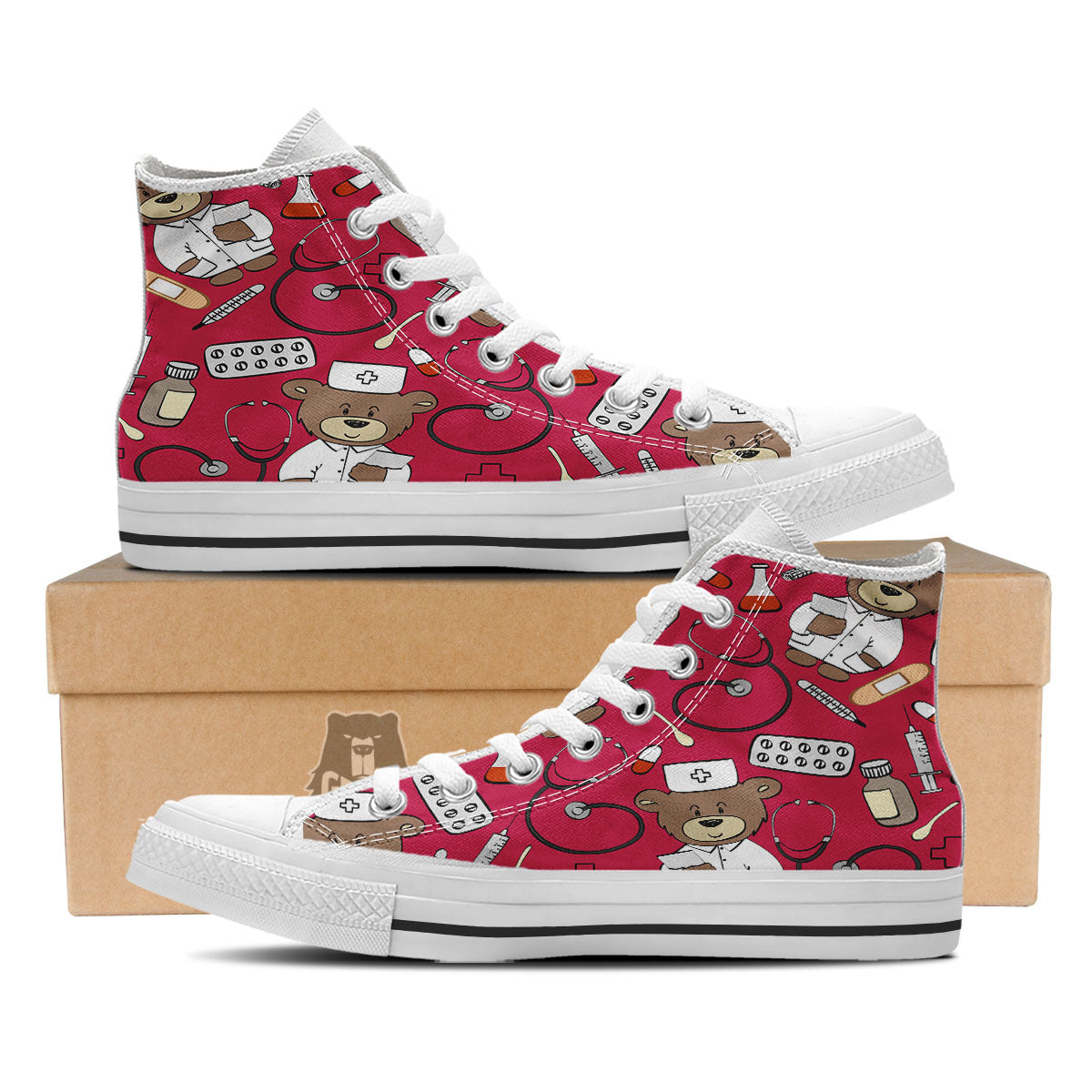Crimson Teddy Bear Nurse White High Top Shoes-grizzshop