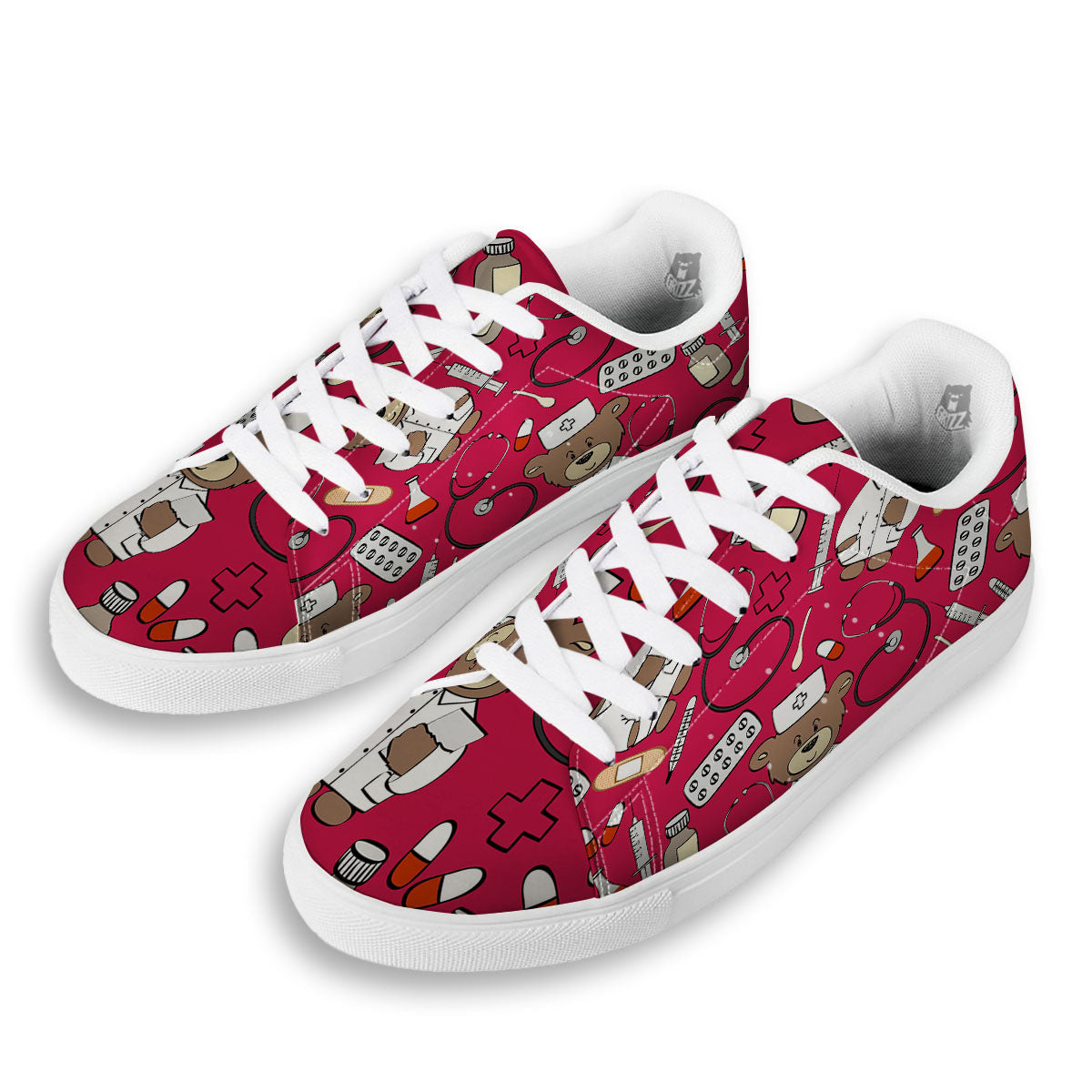 Crimson Teddy Bear Nurse White Low Top Sneakers-grizzshop