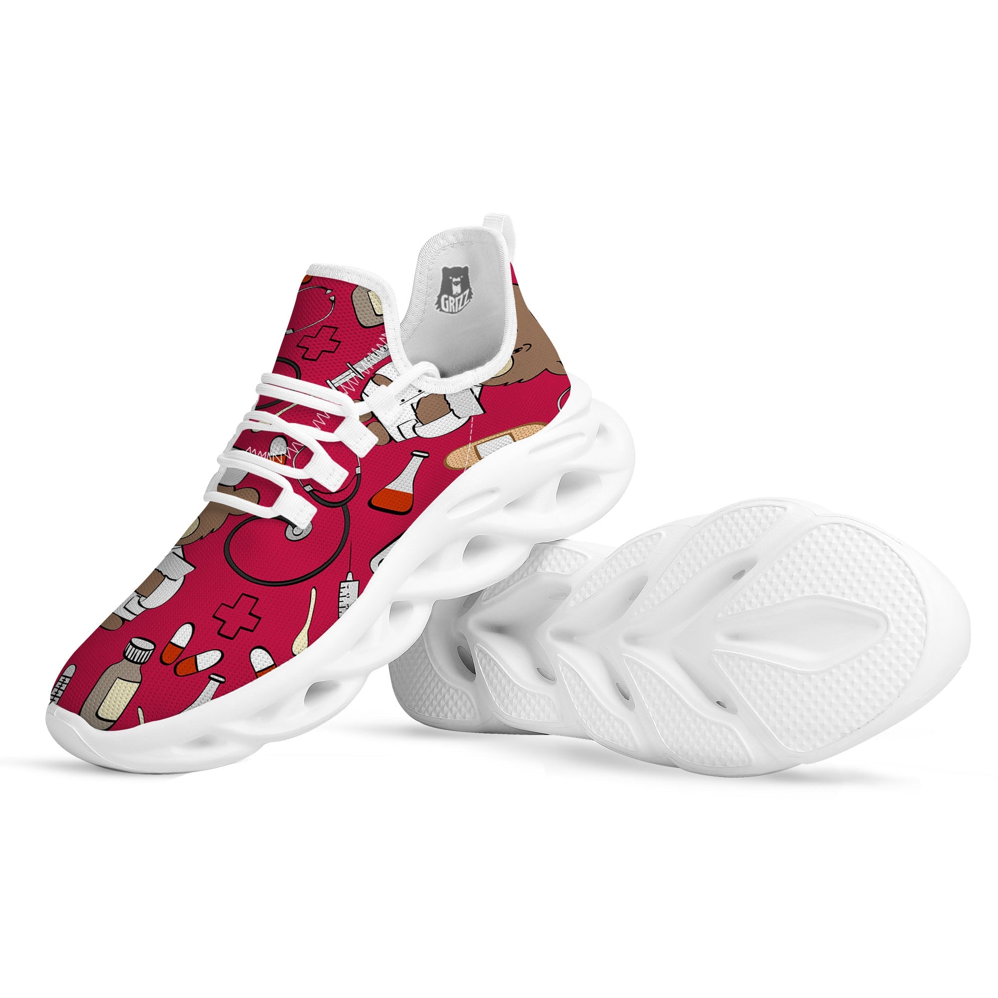 Crimson Teddy Bear Nurse White Running Shoes-grizzshop