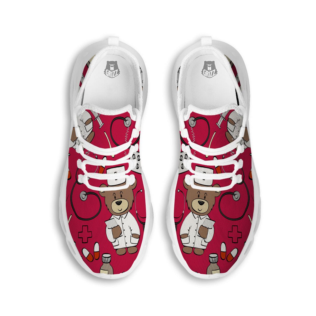 Crimson Teddy Bear Nurse White Running Shoes-grizzshop