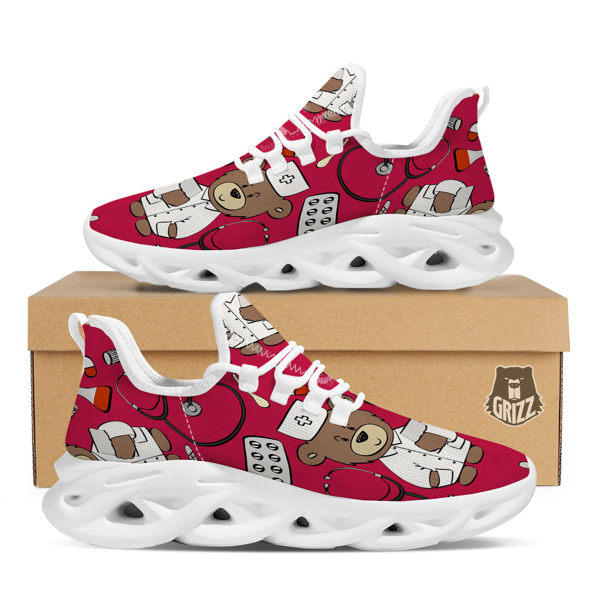 Crimson Teddy Bear Nurse White Running Shoes-grizzshop