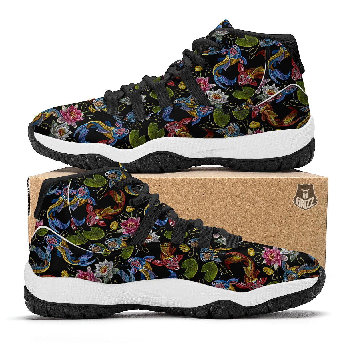 Crochet Koi Fish Lotus Pattern Print Black Bball Shoes-grizzshop