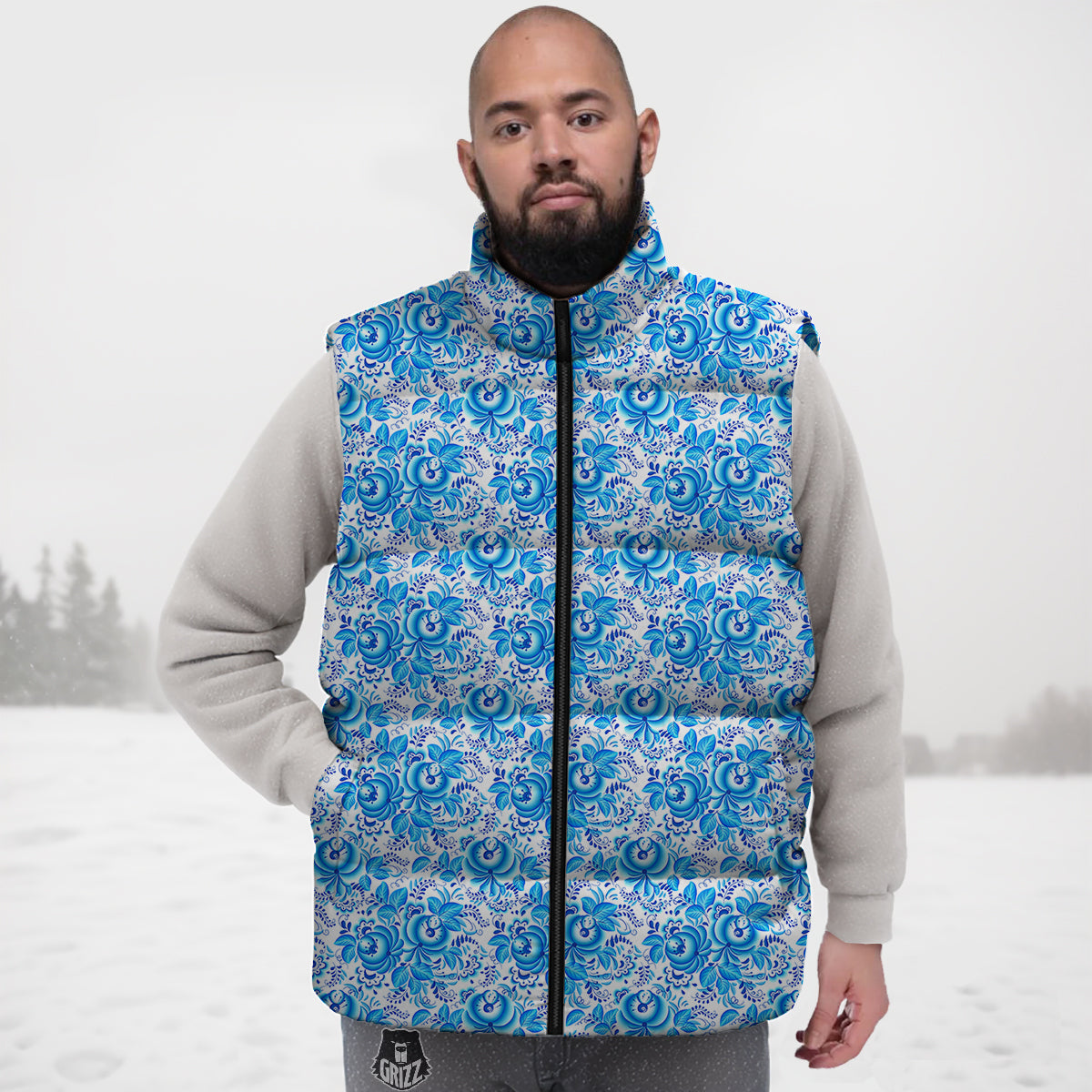 Crochet Koi Fish Lotus Pattern Print Down Vest