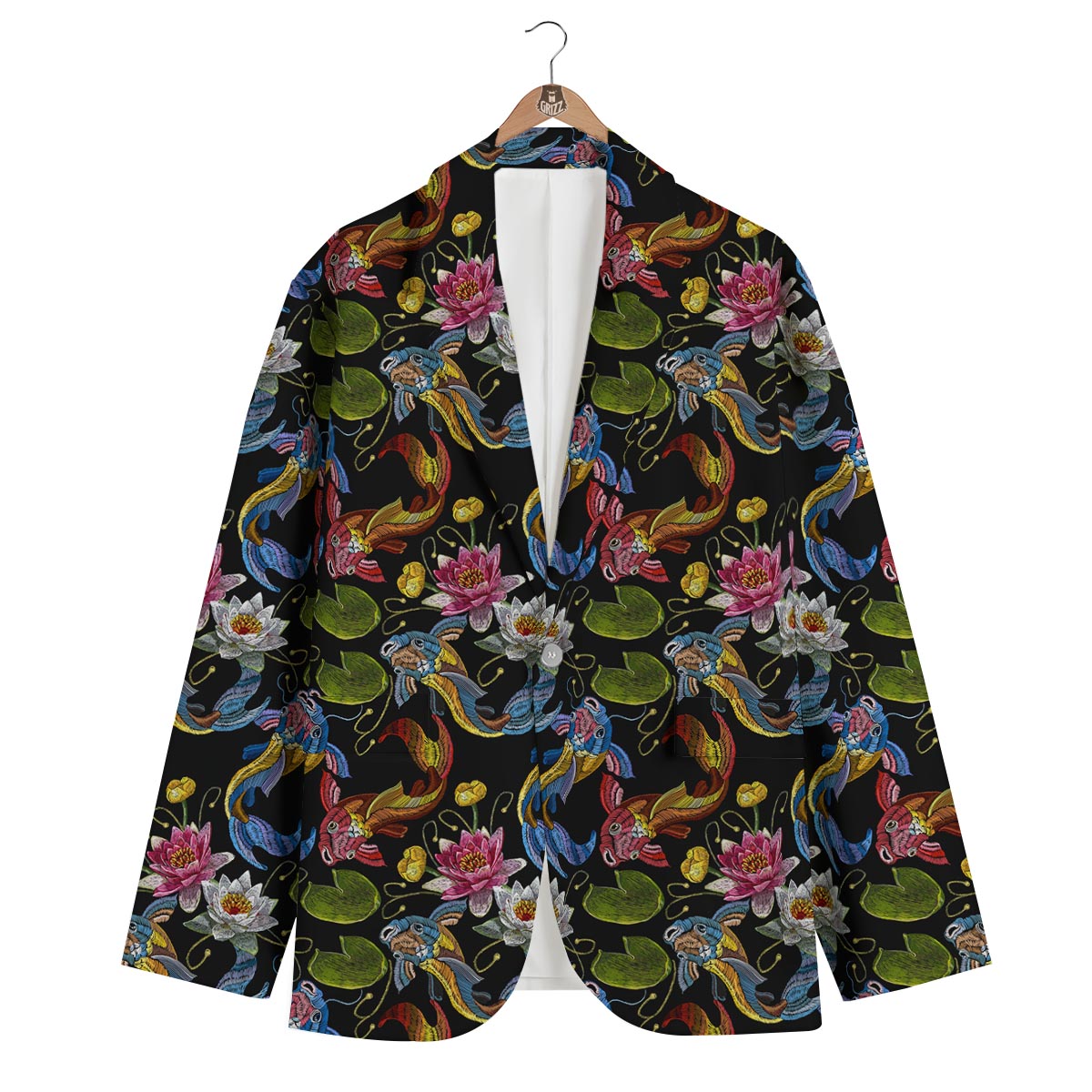 Crochet Koi Fish Lotus Pattern Print Men's Blazer-grizzshop